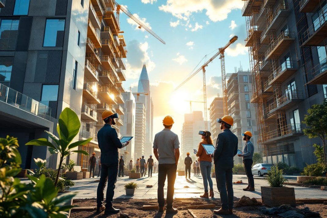 A group of construction workers in hard hats stand between two tall buildings under construction, holding tablets and plans, with cranes in the background and the sun setting in the sky.