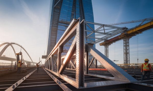 Construction workers in safety gear assemble a large steel frame on a bridge, with a modern glass skyscraper and cranes in the background, under a clear blue sky.
