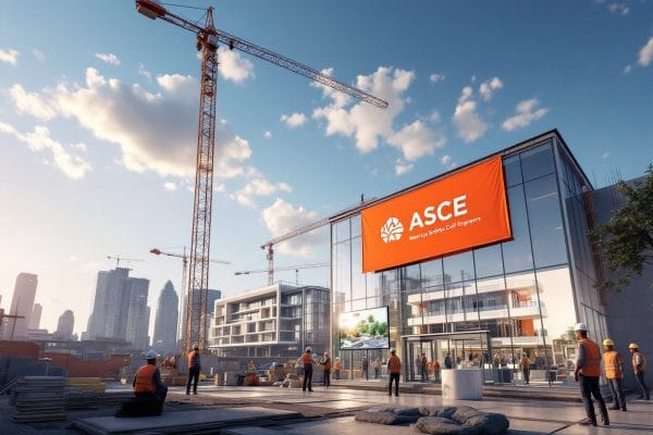 Construction workers wearing safety vests and helmets stand outside a modern building with a large ASCE (American Society of Civil Engineers) sign. Cranes and skyscrapers are visible in the background under a partly cloudy sky.
