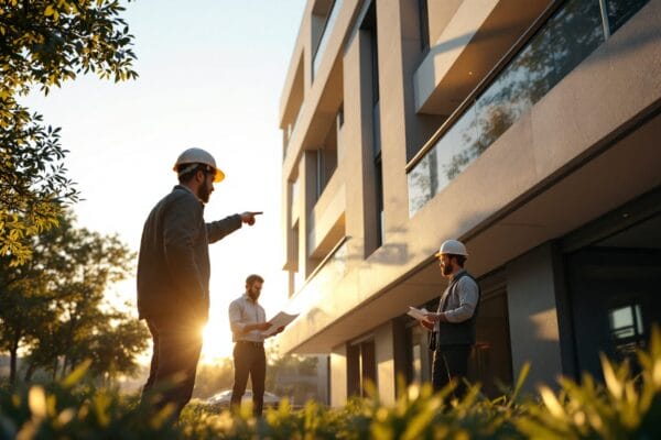 Three people wearing hard hats and holding documents have a discussion outside a modern building at sunset. One person points while the others observe and take notes. Green grass and trees are visible in the foreground.