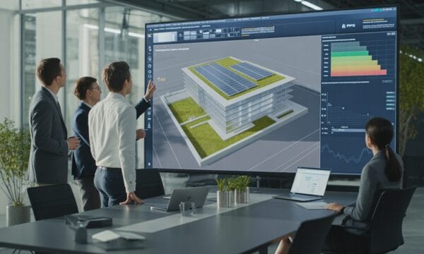 Four business professionals in an office review a large digital screen displaying a 3D model of a modern building with solar panels and data charts, while one person sits at a conference table with a laptop.