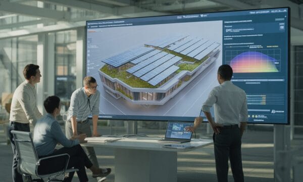 Four people in an office gather around a table, discussing a large screen displaying a 3D model of a modern building with solar panels and a green roof, along with technical graphs and performance data.