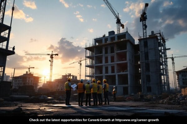 Cultivating Resilience In The Face Of Project Setbacks And Failures In AEC 2 A group of construction workers in safety gear stand at a building site with cranes and partially built structures at sunset. Text at the bottom promotes career growth opportunities with a website link.