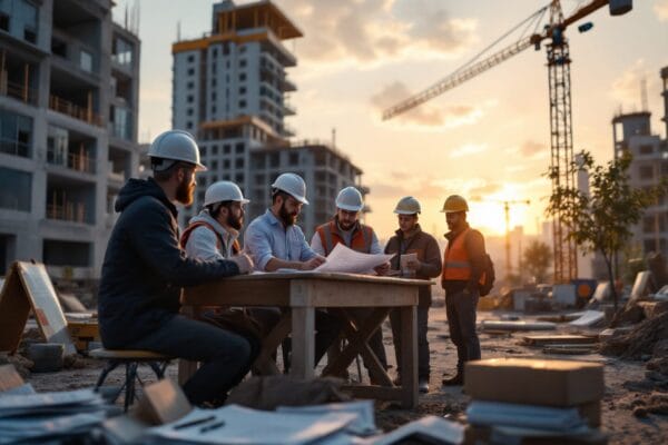 A group of construction workers in helmets and vests reviews blueprints at a table on a building site at sunset, with cranes and unfinished buildings in the background.