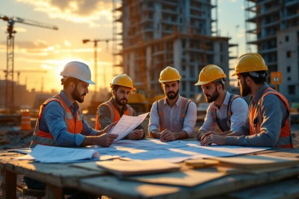 Five construction workers wearing hard hats and safety vests review blueprints together at a table on a construction site, with unfinished buildings and cranes visible in the background at sunset.