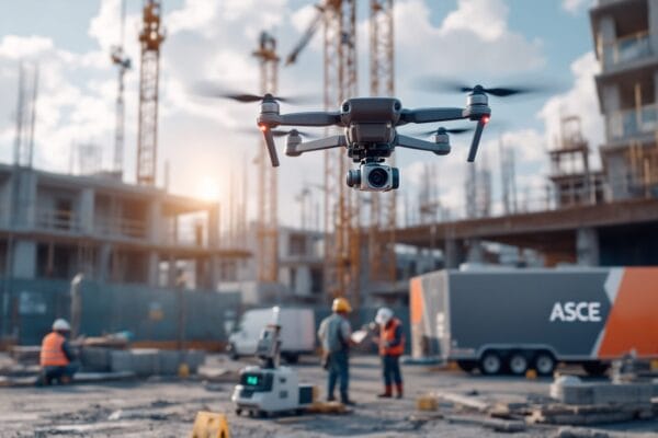 A drone hovers in the foreground at a construction site, with workers, equipment, and cranes visible in the background under a bright sky. A truck labeled ASCE is also seen on the site.